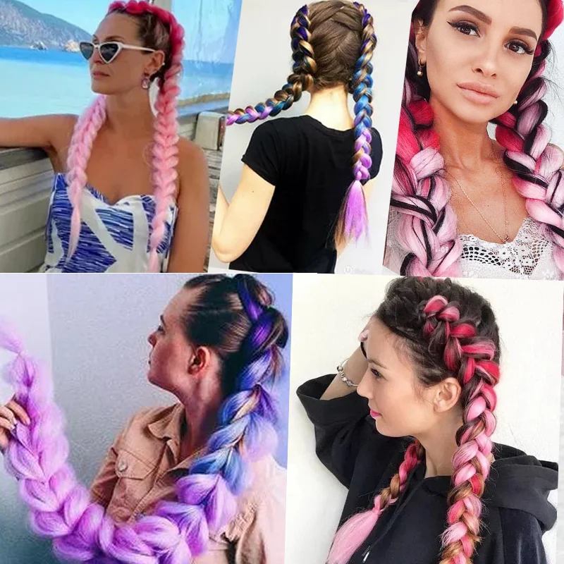 Ombre Braiding Hair Extensions Synthetic Colorful Braid Ponytail Extension With Hair Tinsel 26 Inch Jumbo Ponytail For Women