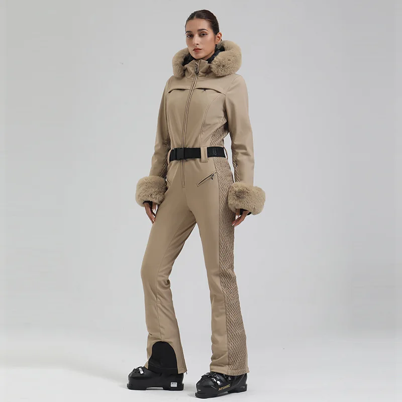 GSOU SNOW Ski Suit Women One Piece Snowsuit Slim Ski Jumpsuit Faux Fur Snowboard Waterproof Windproof Insulated Warm Hooded