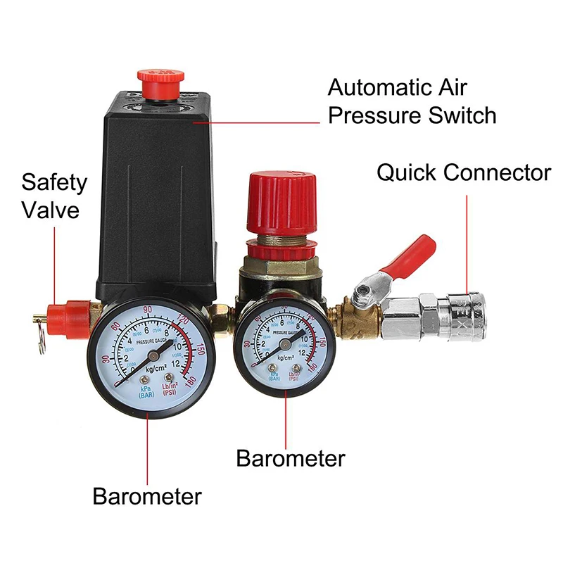 Small Air Compressor Pressure Switch Control Valve Regulator With Gauges Fittings Pneumatic Accessories Quick Response 240V image_2