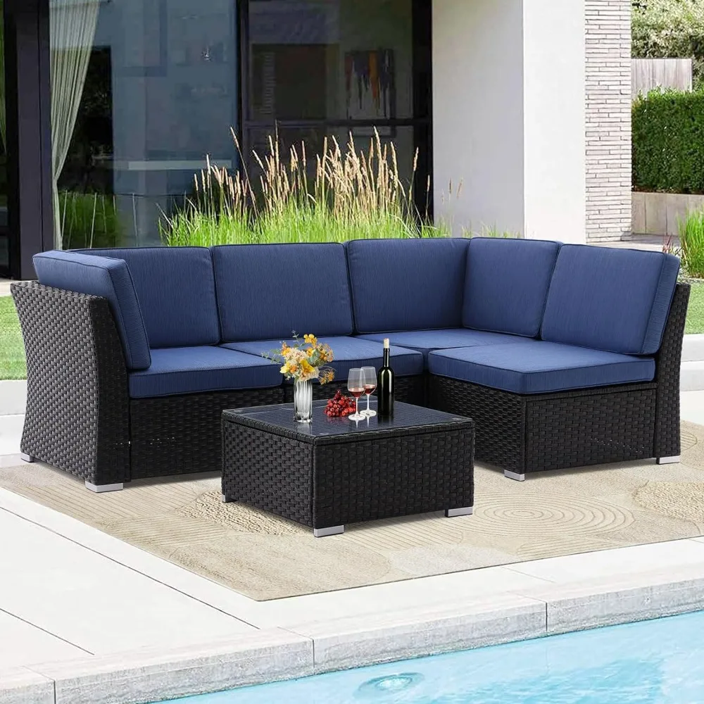 

Patio Sofa 5 PCs Set with Coffee Table, Patio Sectional PE Rattan Set, Garden Conversation Furniture Sets with Thickened Cushion