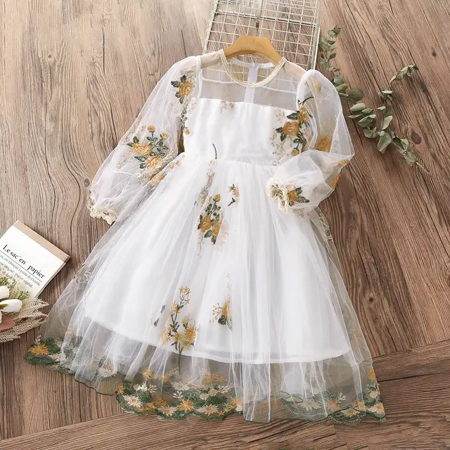 Spring Girls Princess Dress Long Sleeve Children Clothing Floral Sweet Family Party Wear Tulle Baby Girls Dress Vestidos 3-14Y cx-beige