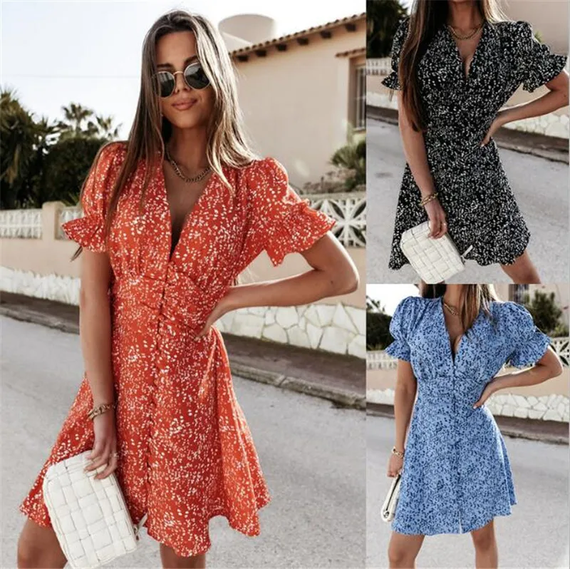 

Women's 2024 Spring And Summer New Printed Floral V-neck Slim-fit Lotus Petal Sleeve Single-breasted Dress Mid-length Skirt