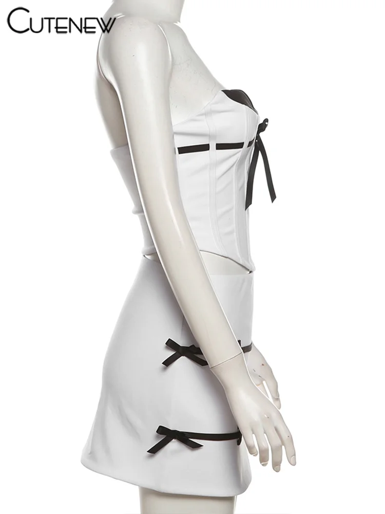 Conjunto de 2 piezas con lazos y rayas para mujer, top corto con escote en V y minifaldas de cintura alta, atuendos impresionantes.