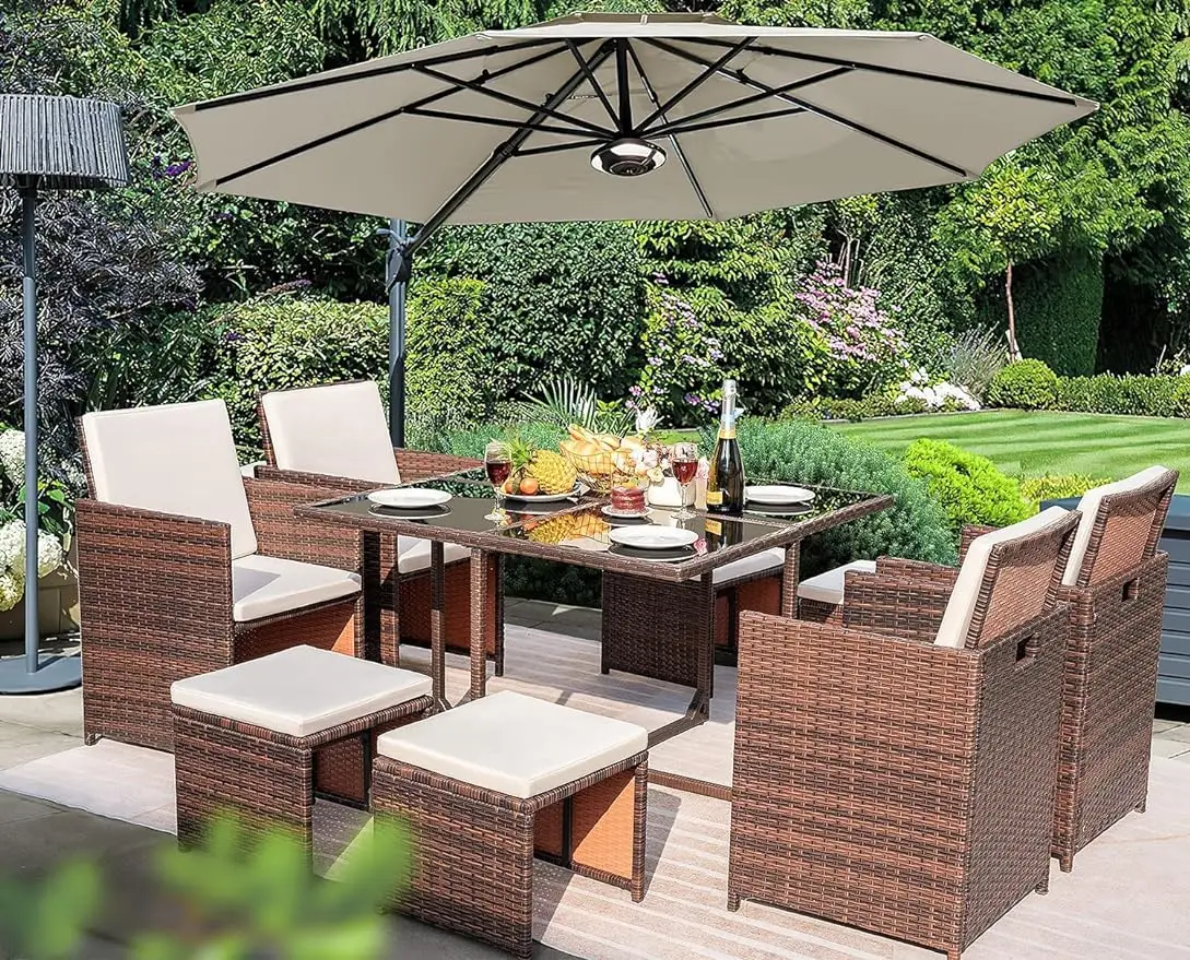 

9 Pieces Dining Outdoor Furniture Patio Wicker Rattan Chairs and Tempered Glass Table Sectional Conversation Set Cushioned