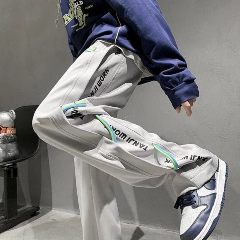 Summer Y2K Casual Letter Print Trousers Man Elastic Waist Loose Straight Pants Sweatpants All Match Fashion Streetwear Clothes