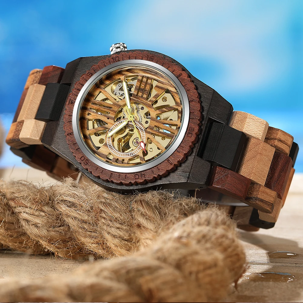

Wooden Automatic Mechanical Watch for Men Luxury Fashion Quartz Wristwatches Mens Watches Male Clock Unique Design Reloj Hombre