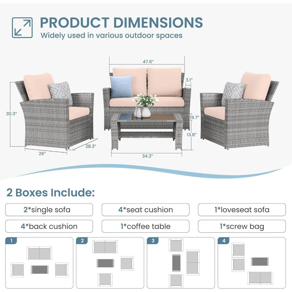 4 Pieces Outdoor Patio Furniture Set,Wicker Sectional Sofa Outdoor Patio Set Rattan Patios Furniture, Patios Conversation 6