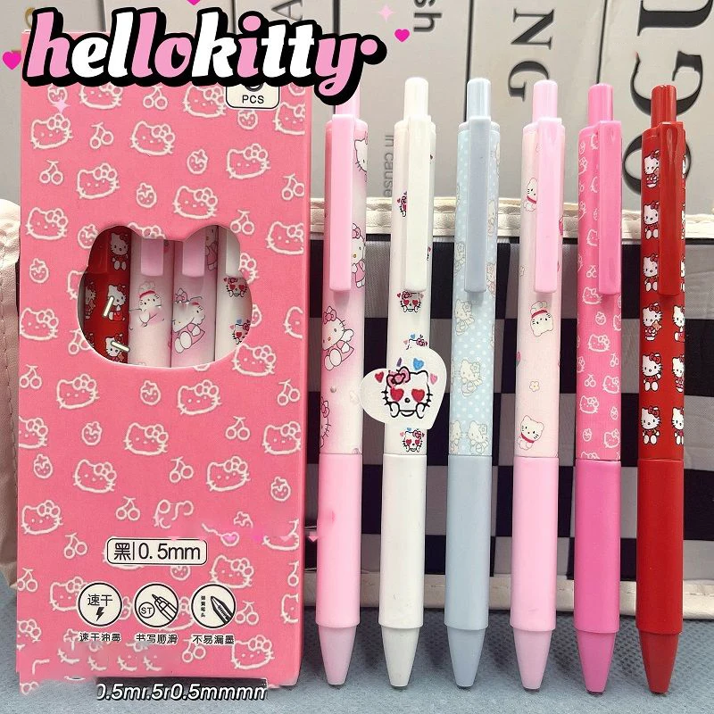 

6Pcs Sanrio Kawaii Hello Kitty Gel Pen Cute Sweet Cartoon Quick-Dry 0.5 Black Pen Automatic Neutral Pen Lovely Gifts for Girls