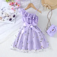 Robes pour filles style anglais, à bretelles asymétriques à volants, jupe trapèze, vêtements d'été tendance pour enfants, pour fêtes 4