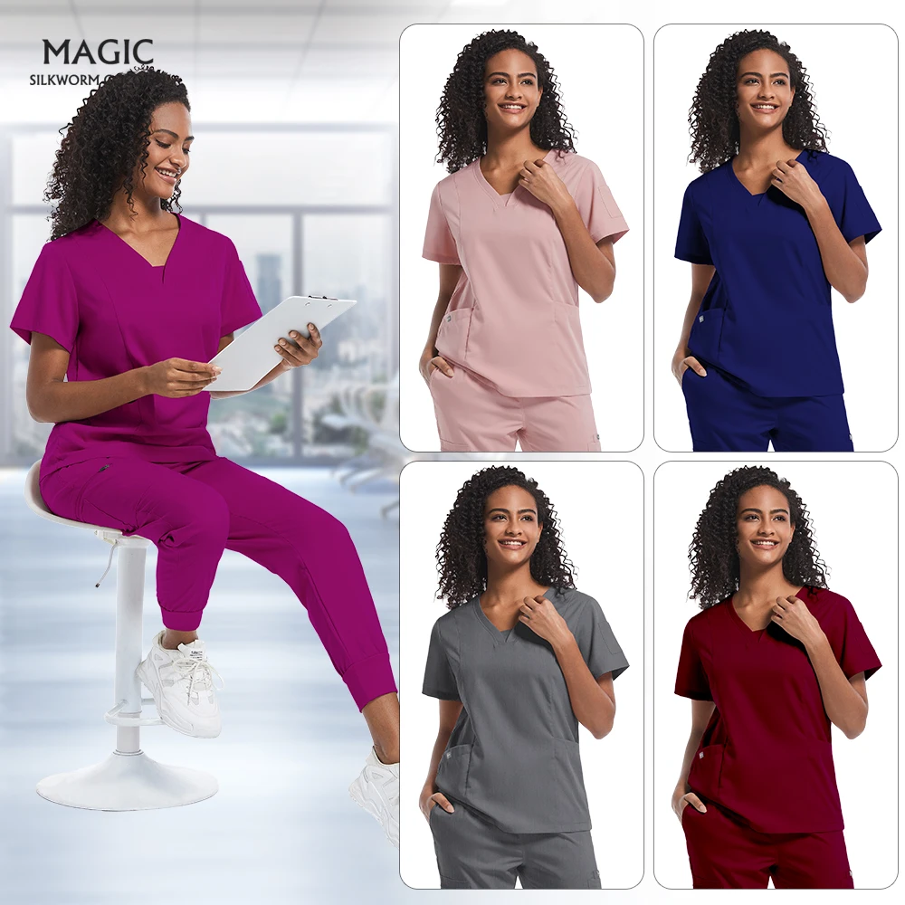 

Medical Nurse Workwear Pet Vet Scrub Uniform V Neck Top and Jogger Pant Suits Beautician Work Clothes Healthcare Nursing Uniform