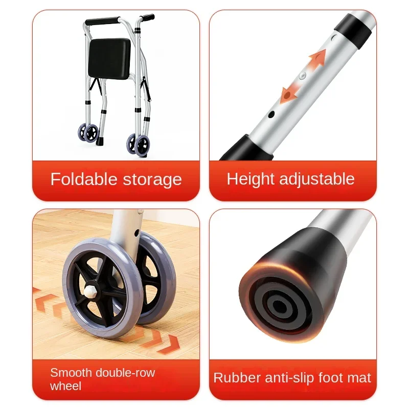 Walking Cane and Aid Sit-able Four-wheeled Walker Elderly-specific Crutch and Chair Combo Anti-fall Pushcart for Seniors