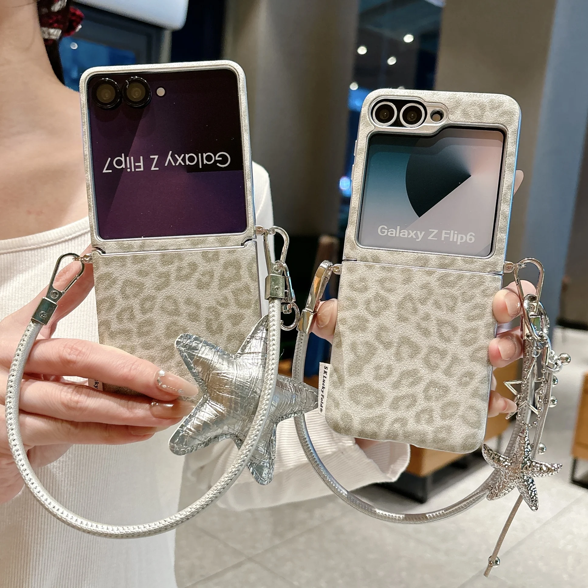 Korean Gray Leopard Print Phone Case with Star Hand Rope - Cute Protective Cover