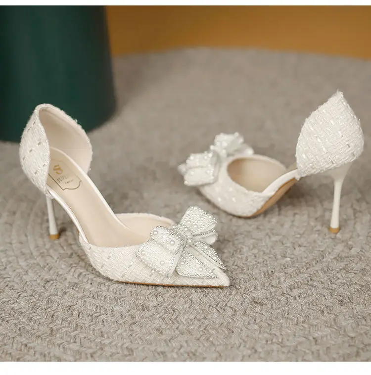 White Pearl Bowknot Women Pumps Sexy Pointed Toe High Heels Wedding Prom Shoe PVC Transparent Sandal Female