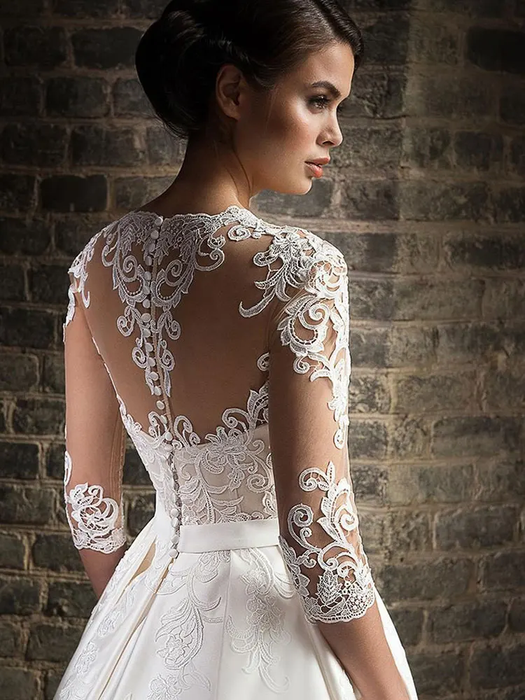 Elegant Lace Wedding Dresses vestido de novia 2022 Half Sleeves V-Neck Bride Dress Sweep Train Pockets Customize Robe De Mariee 5