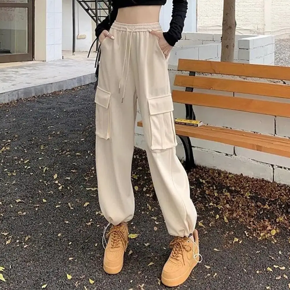 

Hip Hop Women Fall Pants Elastic Waist Wide Leg Straight Lady Cargo Pants Loose Drawstring High Waist Multi Pockets Trousers