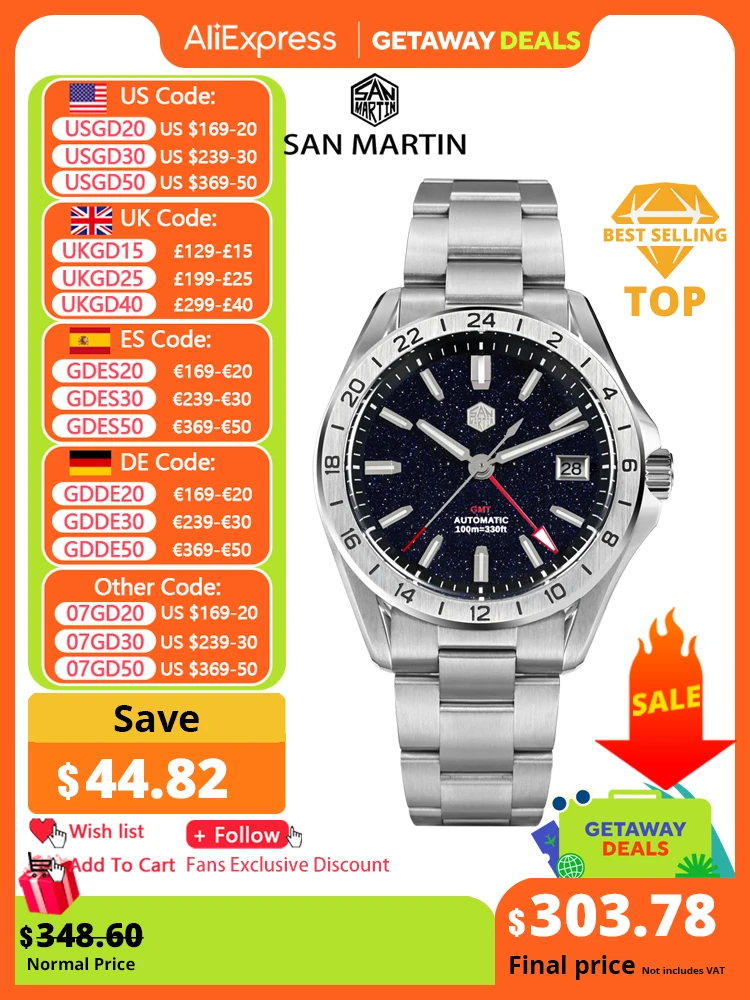 San Martin 39mm Aventurine Gemstone Dial Luxury Men s Watch NH34 GMT