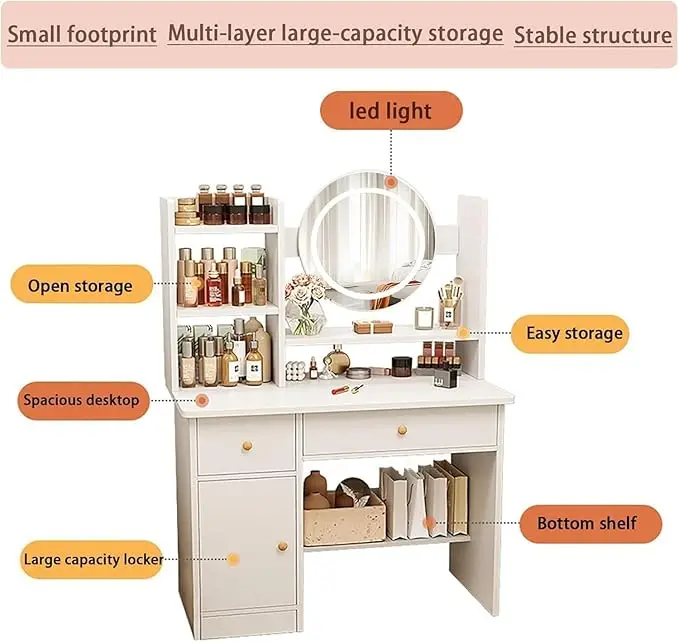 Items makeup dressing table box container drawer nordic organizer woman coiffeuse dressers Makeup Table with Drawers Vanity Desk with Mirror and led Lights 3 Lighting Mode Multifunction