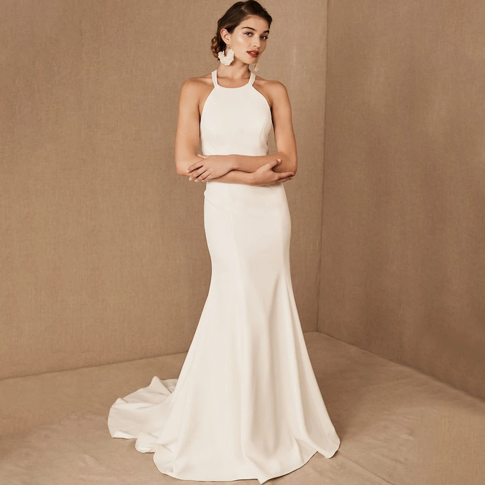 

Halter O-Neck Sleeveless Wedding Dress Classic Mermaid Open Back Floor Length Bridal Custom Made with Sweep Train Gowns Robe