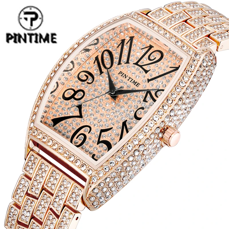 

PINTIME Men Iced Out Diamond Watch Big Dia Hip Hop Quartz Wristwatches Gold Steel Clock Tonneau Type Montre Relogio Reloj Hombre