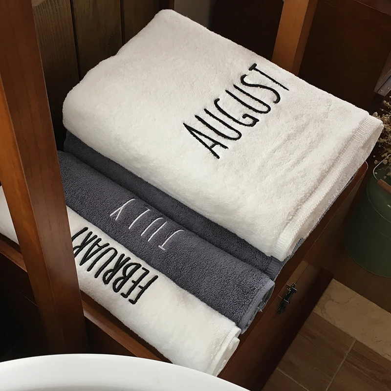 

Monthly series bath towel solid 100% Cotton character bathroom towel yarn dyed for hotel home beach white and gray bath towel