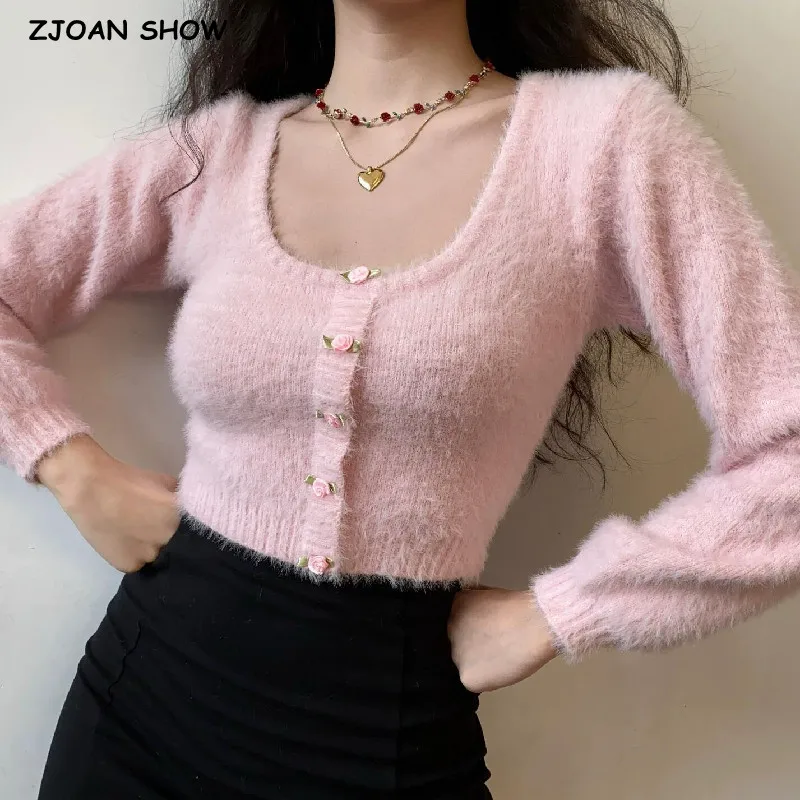 

Autumn French Shaggy Flower Buttons Knitting Crop Cardigan Women Round collar Single-breasted Sweater Full sleeve Short Jumper