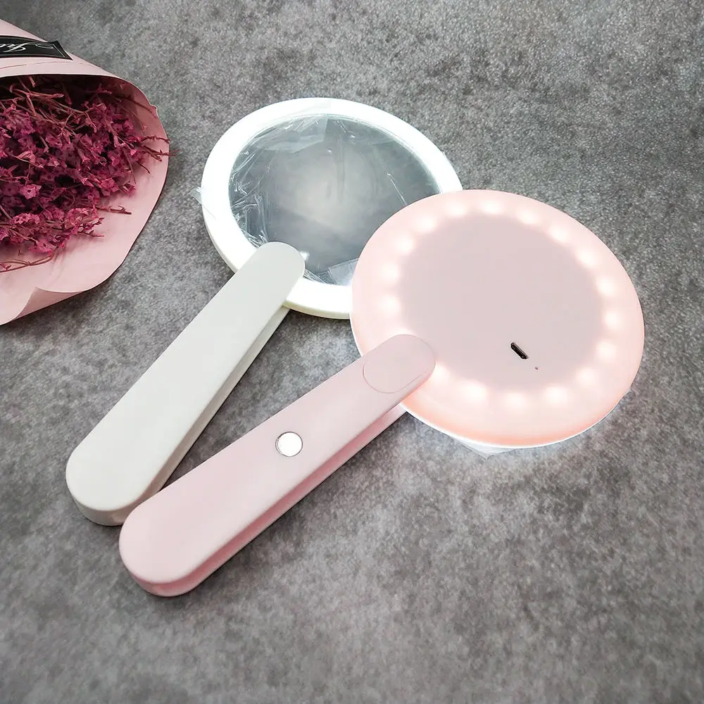 LED 로터리 스위치 메이크업 거울, 여성 핑크 화이트 USB 충전 귀여운 편리한 휴대용 럭셔리 라운드 개인 상표
