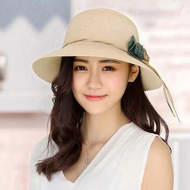 New Spring Summer Beach Hat Large Brim Linen Flower Straw Hat Outdoor Women Sun