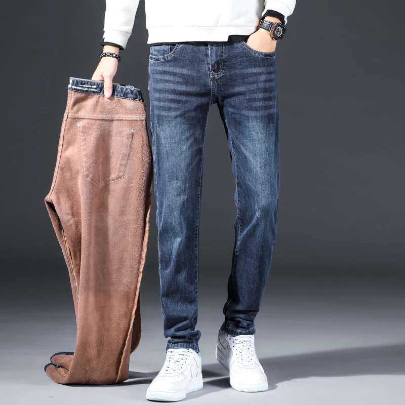 

Теплые мужские джинсы, красивые зимние джинсы, флисовые облегающие прямые синие, черные Стрейчевые плотные бархатные джинсовые брюки, обычные мужские брюки