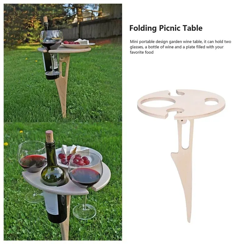 Outdoor Portable Wine Table Picnic Table Portable Folding Wine Glass Rack Wooden for Camping Travel