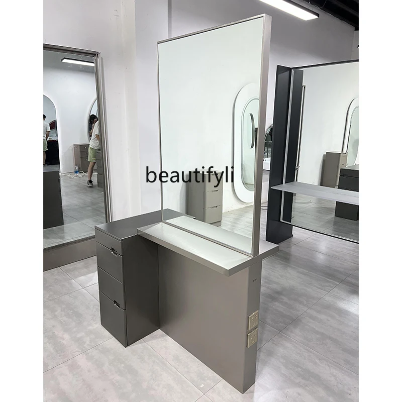 

New Barber Shop Mirror Floor with Light Hot Dyeing Stainless Steel for Hair Salon Single and Double-Sided Hairdressing Dressing