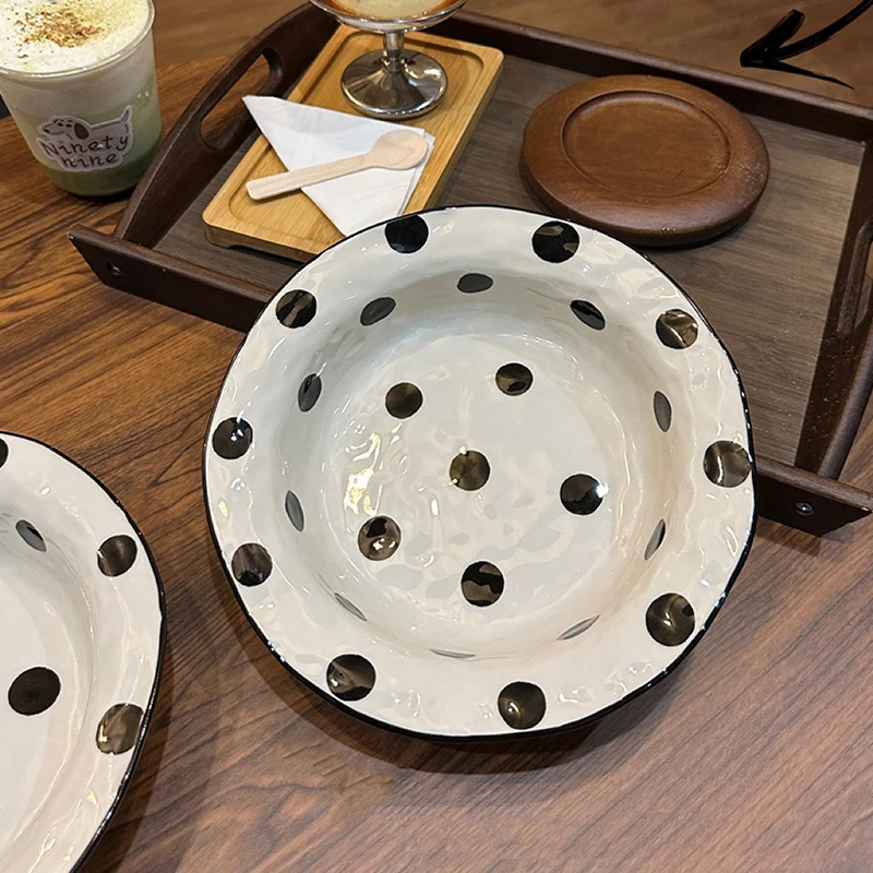 Korean Irregular Ceramic Straw Hat Plate Household Polka Dot Salad Plate Western Spaghetti Creative Kitchen Tableware