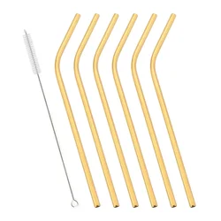 Set of 6 Reusable Rainbow Metal Drinking Straws with Cleaning Brush (Gold)