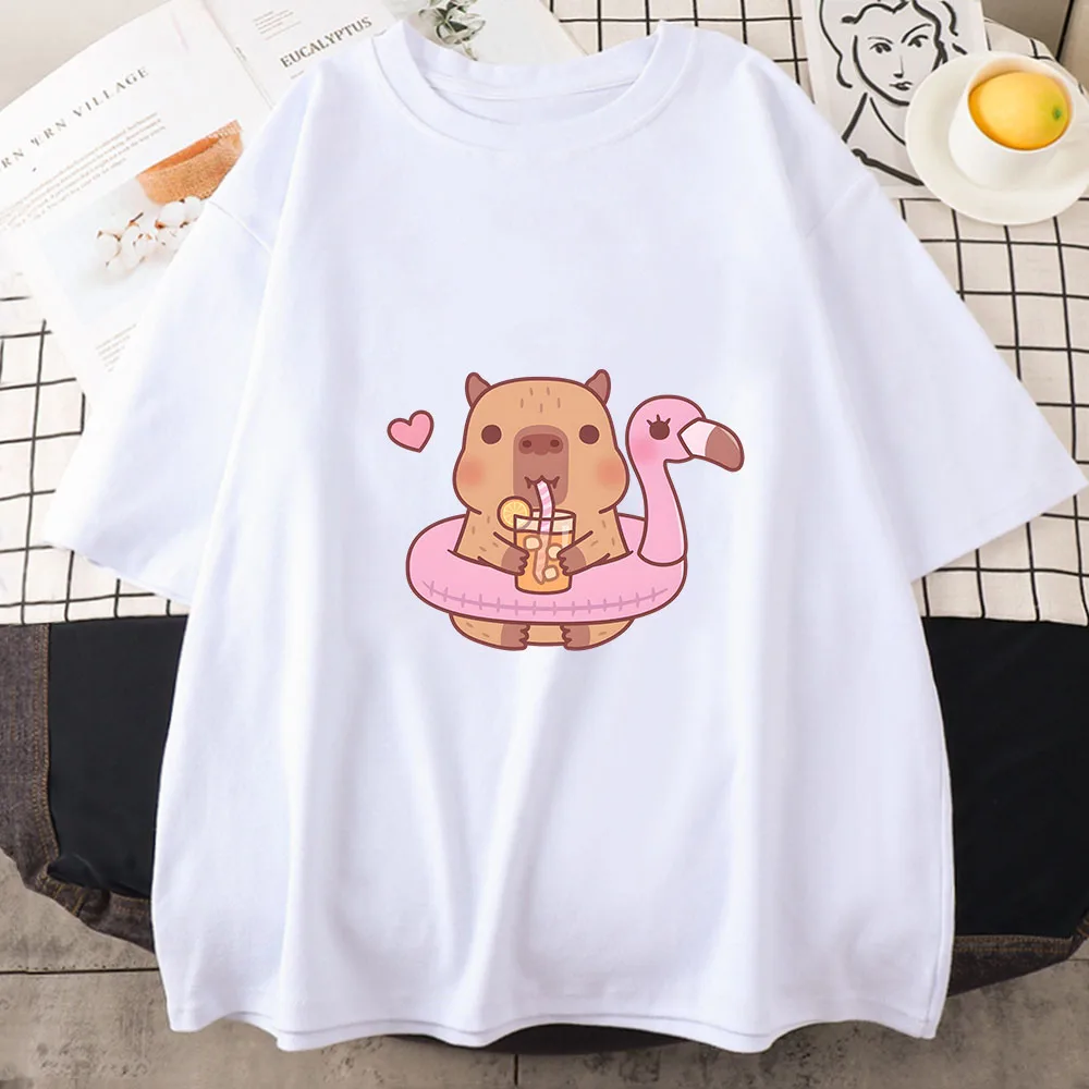 Women's Summer Capybara Bubble Tea Anime Print O-neck Cotton T-shirt