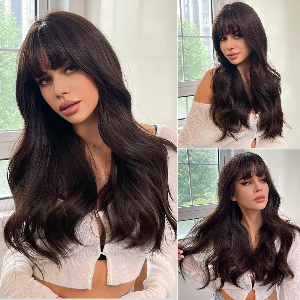 

Wig with Bangs Long Black Wave Wigs for Women Human Hair Fashionable Temperament Wig