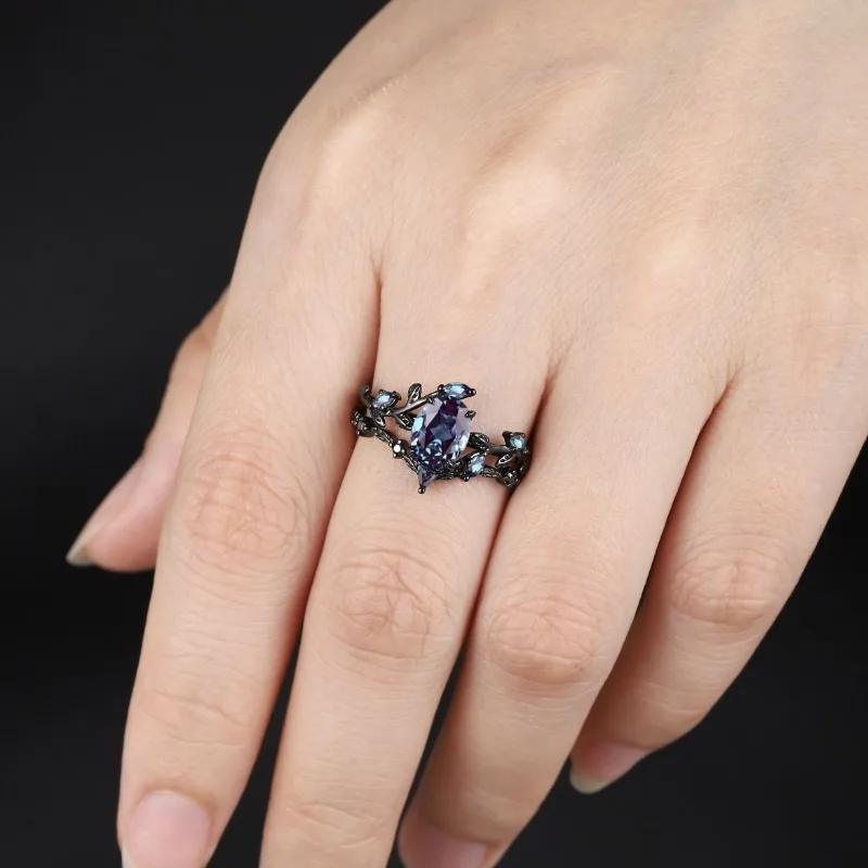 Delicate Women Rings Black Color Round Blue Stone Flower Rings Party Accessories Gift 3
