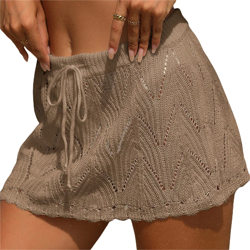 Falda de playa para mujer, de verano, de color liso, con cordón, de cintura alta, de punto, minifalda, traje de baño informal