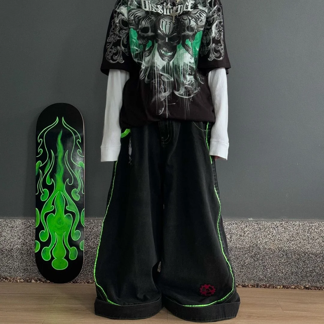 Graffiti pattern jeans washed loose hip hop plus size skateboard retro straight jeans sports casual reflective stacked trousers