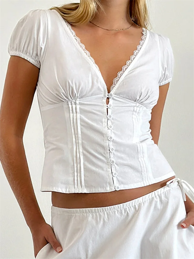 Women Summer Short Sleeve V Neck Lace Trim Tops