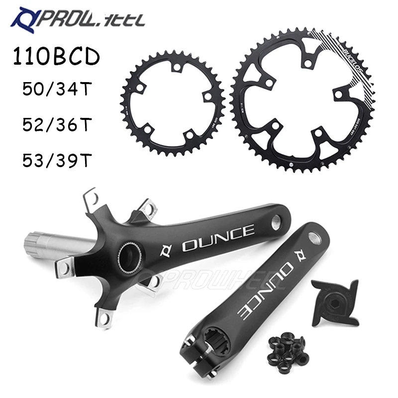 

Prowheel 110BCD Crankset 170/172.5mm Double Speed Road Bike Crankset 50-34T 52-36T 53-39T Bike Crank 110 BCD Bicycle Chainring