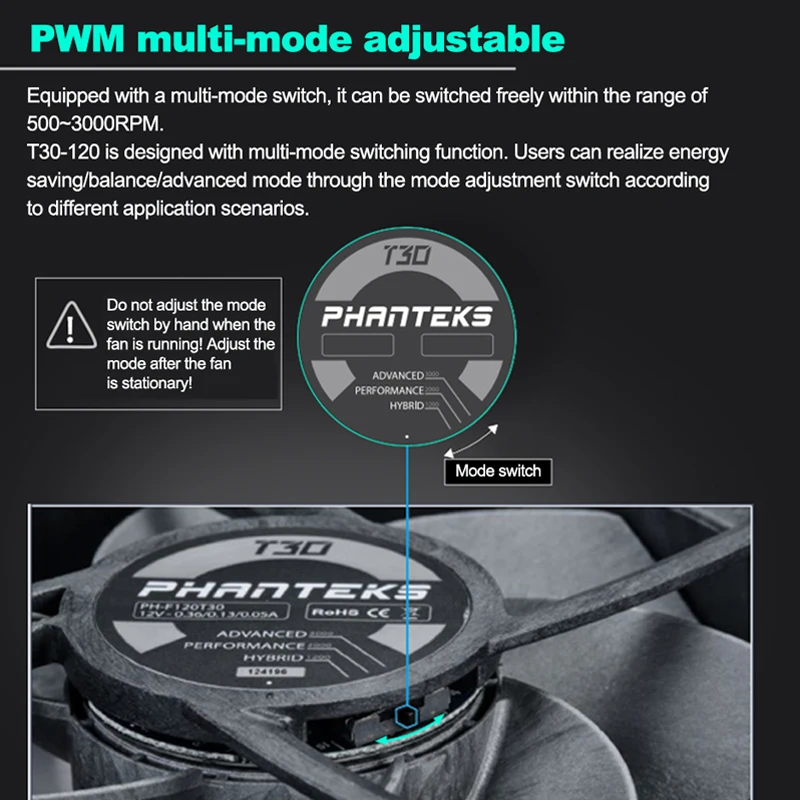 Phanteks T30 120mm Industrial Grade High Wind Pressure Cooling Fan 4Pin PWM 3000 RPM Vapo Bearing PC Silent Case Fan