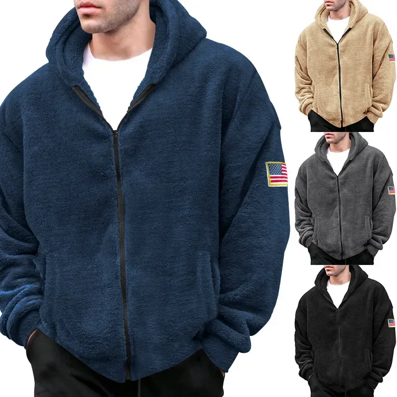 

Winter men's fashionable coat double-sided velvet warm hoodie casual zipper men's new casual hooded thick coat flag pattern top