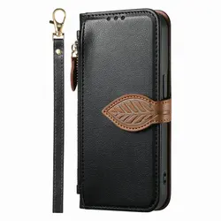 5G Leather Zipper Wallet Case for Samsung Galaxy - Premium Protective Cover (Black - Short Strap)