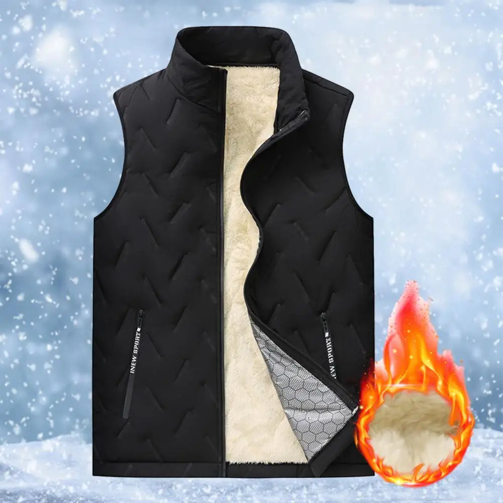 Zipper Pocket Vest Premium Men's Winter Vest Thick Padded Plush Stand Collar Windproof Zipper Closure Warmth Neck Protection zntx new winter thickened 100% pure cashmere sweater men s worsted v neck business casual solid color knit sweater for warmth