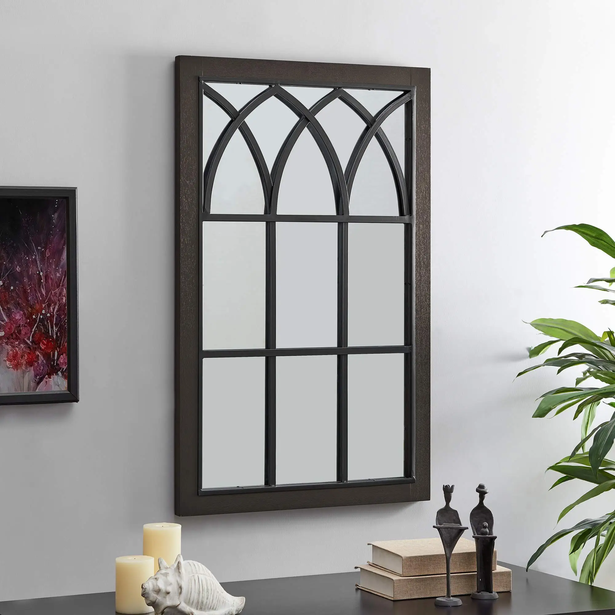 

Arched Espresso Wood Frame Window Rectangular Mirror, Wall Mounted for Bathroom Vanity, Bedroom, Entryway, 37.4 x 23.6 inches