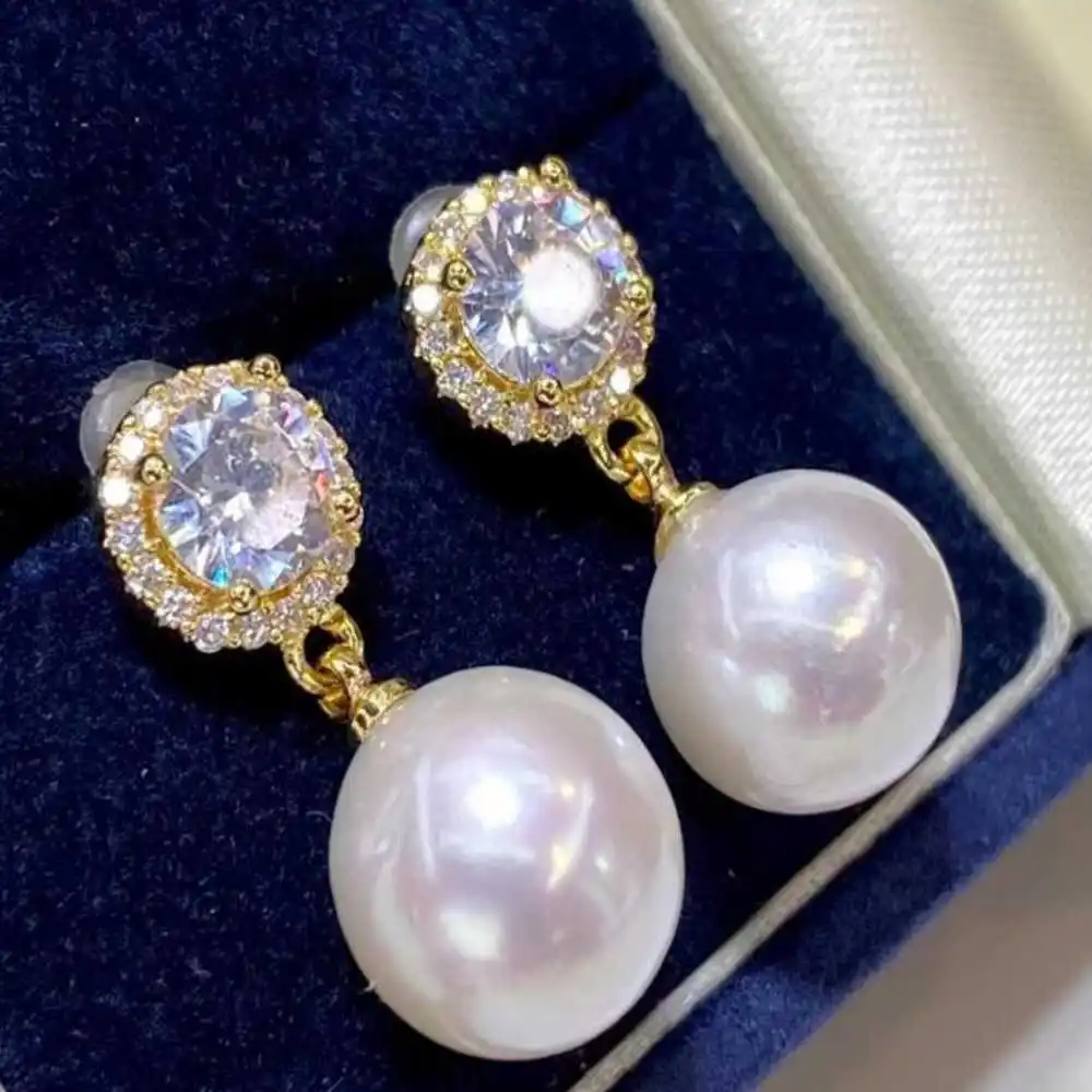 

Natural white size 10-11MM pearl gold-plated ear stud zircon Diy VALENTINE'S DAY Party Gift Mother's Day Women Halloween