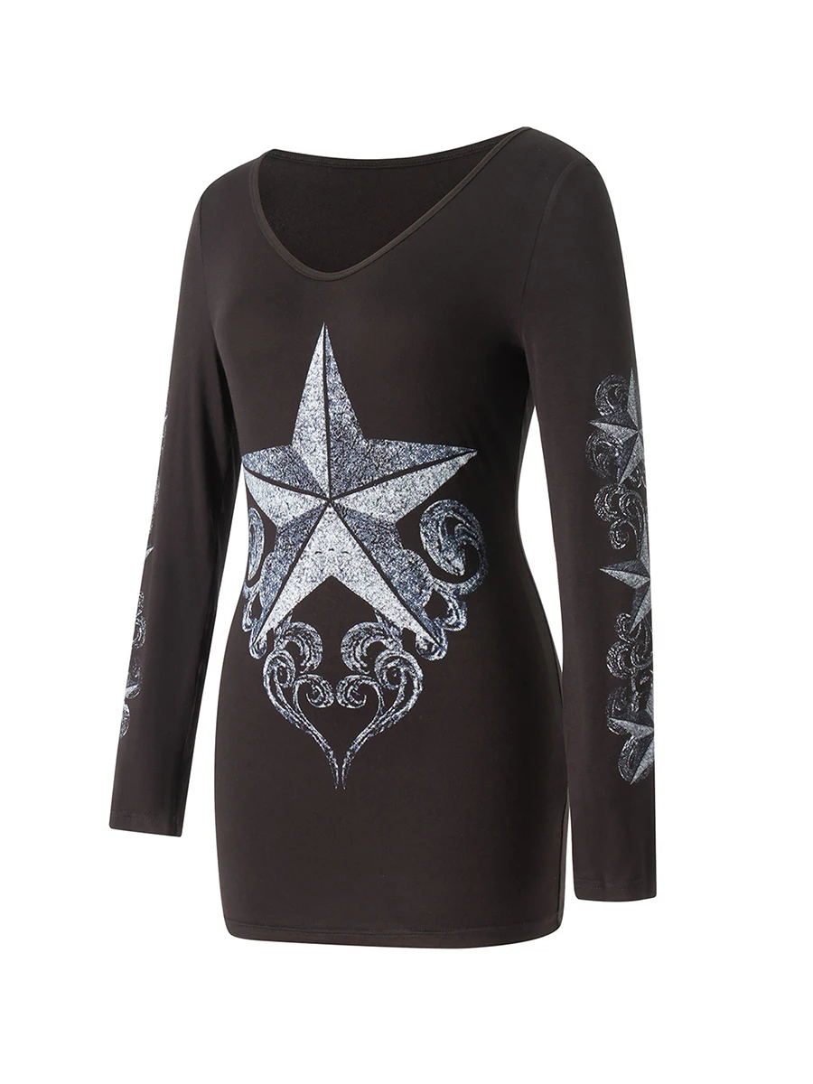 Women s Stylish  Fit Black Long Sleeve T-shirt with Unique Five-pointed Star Print and Deep V-neck Design Available in
