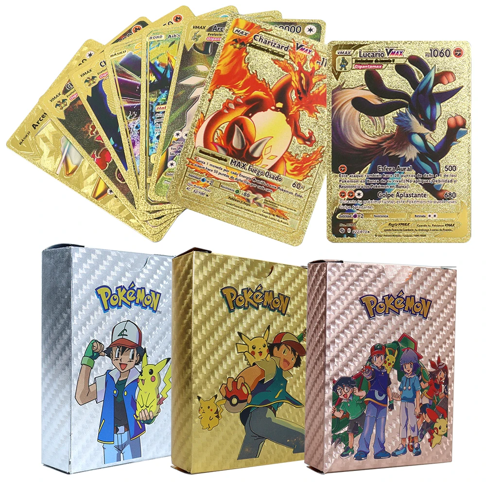

Pokemon Rose Gold Foil Cards Box Imitation Metal 10000HP Arceus Charizard Pikachu Mewtwo Vstar Vmax GX Silver Black Trainer Card