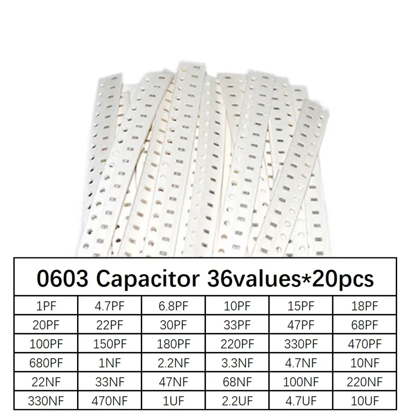 0603 SMD Capacitor assorted kit,36values*20pcs=720pcs 1pF~10uF Samples Kit electronic diy kit diy electronic kit capacitor nfm15pc435r0g3d 4 3µf feed through capacitor 4v 2a nfm15pc105r0g3d uf 20% 4v 0402 cap feedthru new