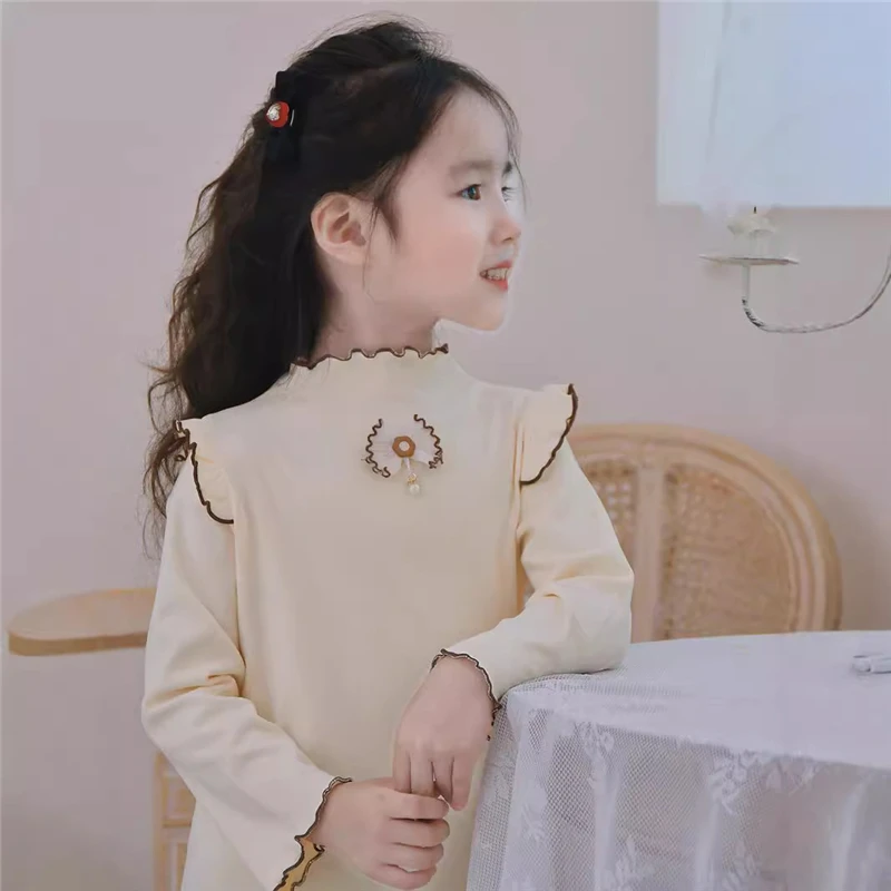 2025년 여아 가을 긴팔 티셔츠 한국 아동복 2025 키즈 셔츠 노란색 귀여운 아동 상의 블라우스
