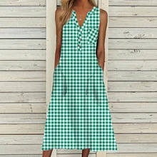  Summer Dress Women V Neck Sleeveless Pocket Button Loose Maxi Dresses Vintage Print Party Dress 2022 A-Line Beach Dress 